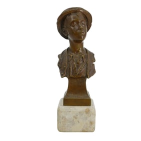 Bronze "Bust of Boy with a Feather in His Hat" by Karl Hackstock