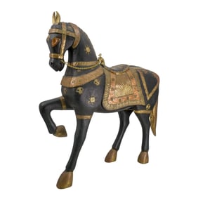 Vintage Indian Carved Wood and Brass Mounted Horse