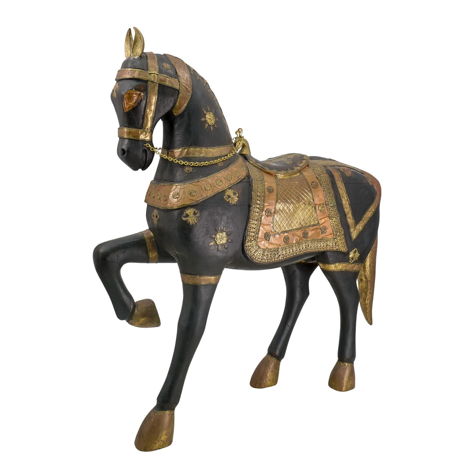 Vintage Indian Carved Wood and Brass Mounted Horse (1 of 6)