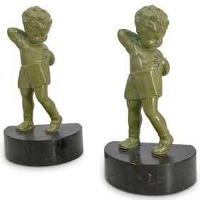 Pair Green Enameled Spelter & Marble Boy Bookends