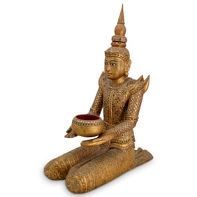 Burmese Kneeling Deva Carved Wood Statue with Offering Bowl