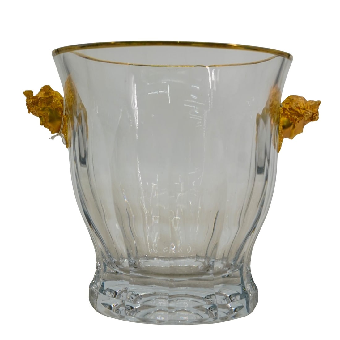 Signed Faberge Cut Crystal "Bacchus" Champagne Bucket: DESCRIPTION: Signed Faberge cut crystal champagne bucket decorated with gilt bronze-mounted handles, depicting heads of Bacchus, the Roman god of wine. Signed "Faberge". CIRCA: 20th Century ORIGIN: Ru