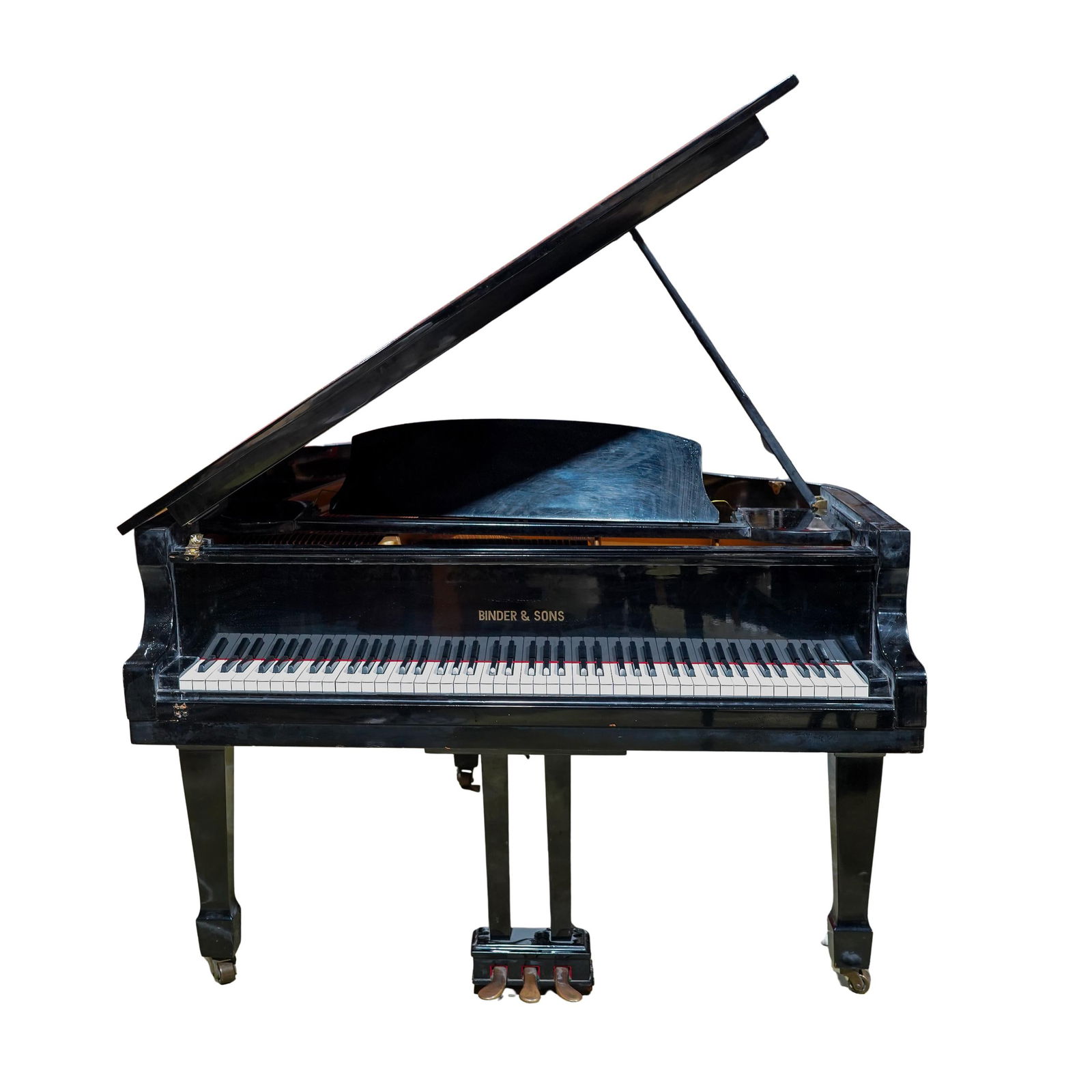 Hyundai Binder & Sons Baby Grand Piano (G-80): DESCRIPTION: Hyundai Binder & Sons baby grand piano (G-80) Serial (821748) CIRCA: 20th Cent. ORIGIN: European DIMENSIONS: H: 40" x W: 56" x L: 67" (Stool) H: 20" x W: 14" x L: 30" CONDITION: Damage to