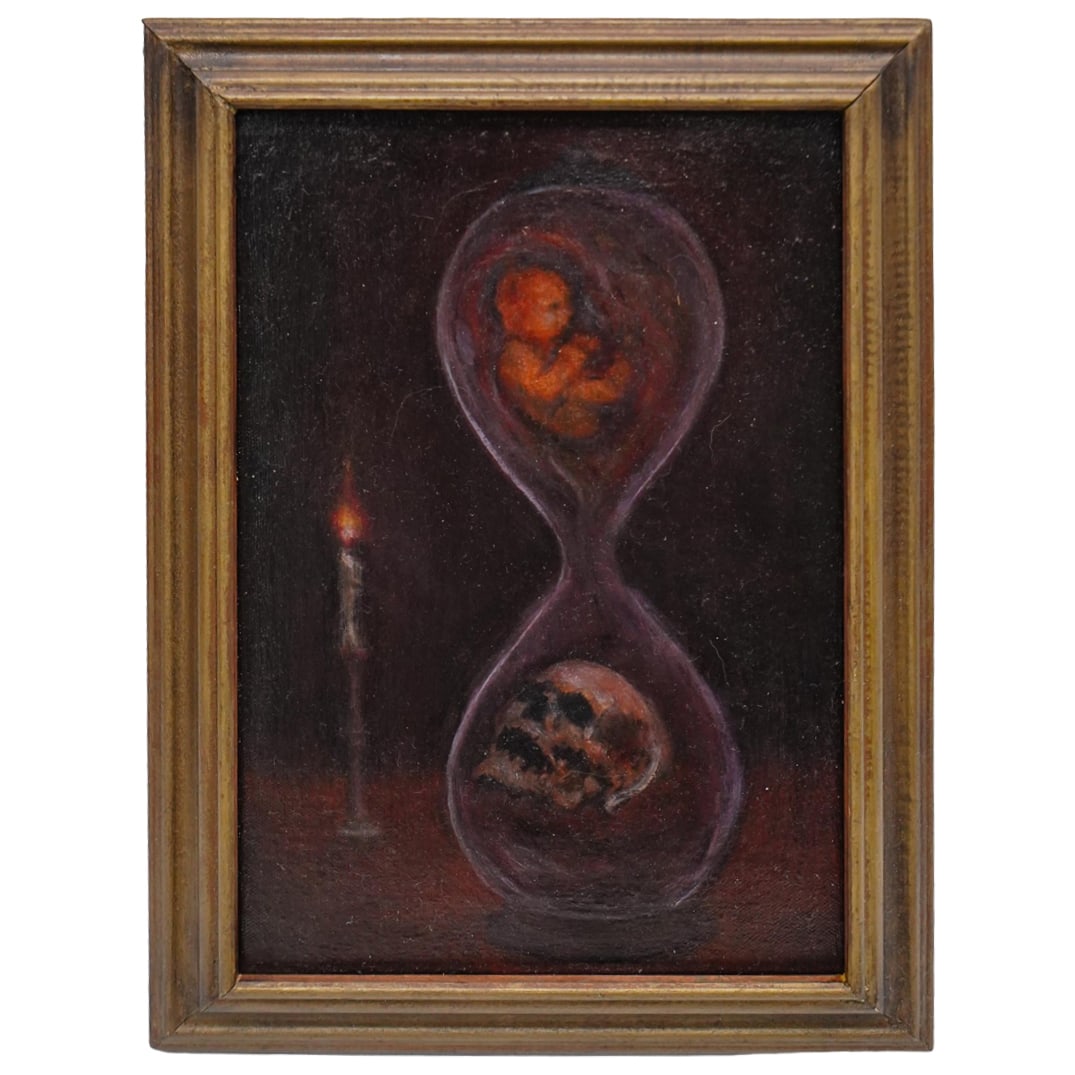 Moses Soyer (Russian, 1899-1974) Oil on Canvas: DESCRIPTION: Moses Soyer (Russian, 1899-1974) Oil on Canvas painting portrays the inevitable passage of time through the image of an hourglass. Encased within the top half is an unborn child, symboliz