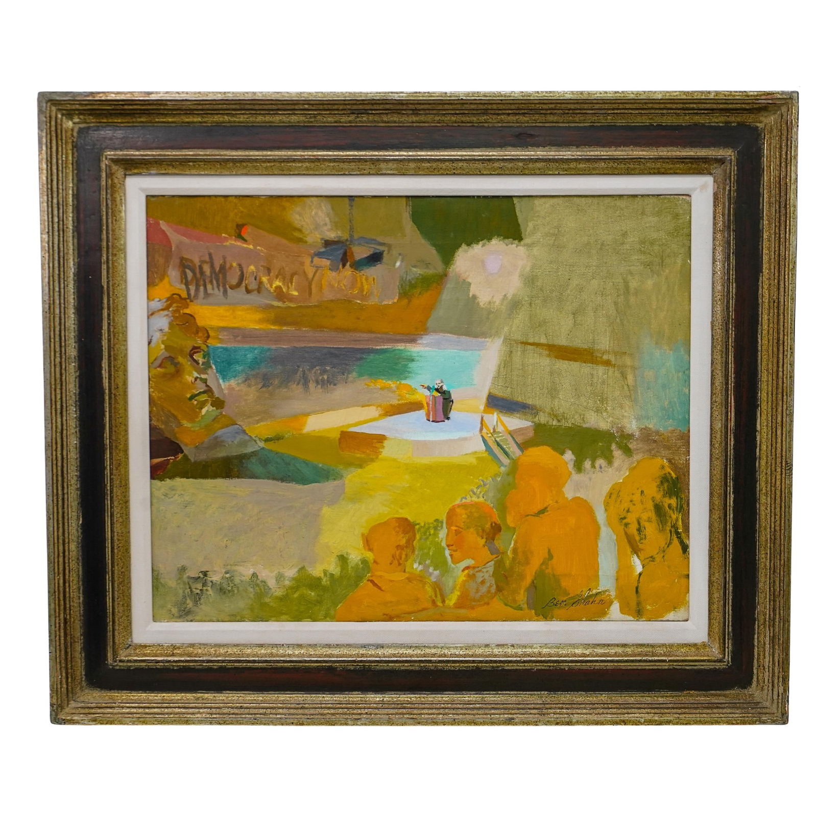 Attrib. to Ben Shahn (1898-1969) Oil on Canvas: DESCRIPTION: Attributed to Ben Shahn (1898-1969) oil on canvas painting, featuring an expressive semi abstract scene with a man with a spotlight illuminating him, speaking at a pedestal on a stage at