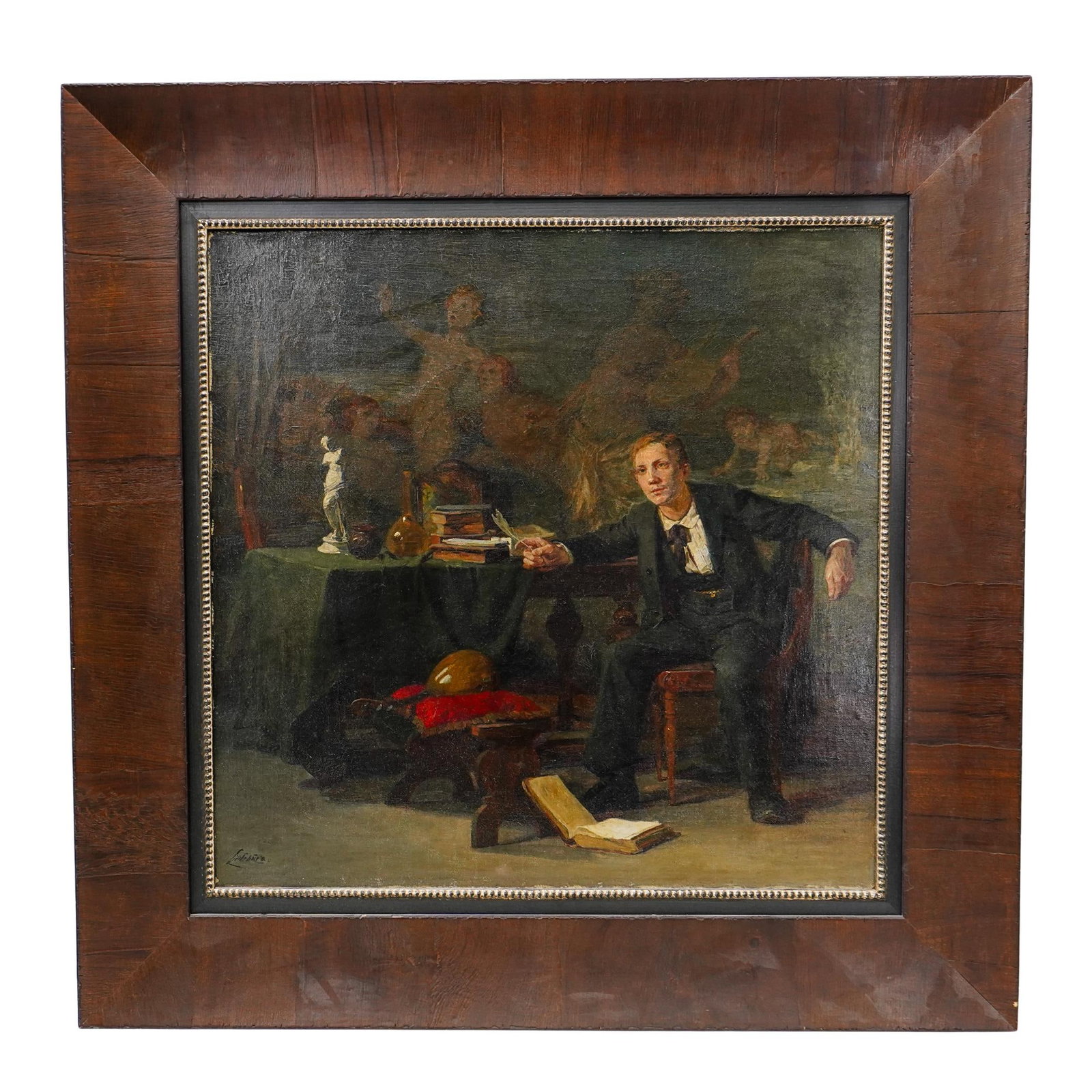 Realism Portrait Painting of a Male Figure: DESCRIPTION: Portrait of a man sitting at a desk. Oil on canvas in the style of 19th century realism movement, it has an emphasis on real daily life of people and portraying their subjects with truth 