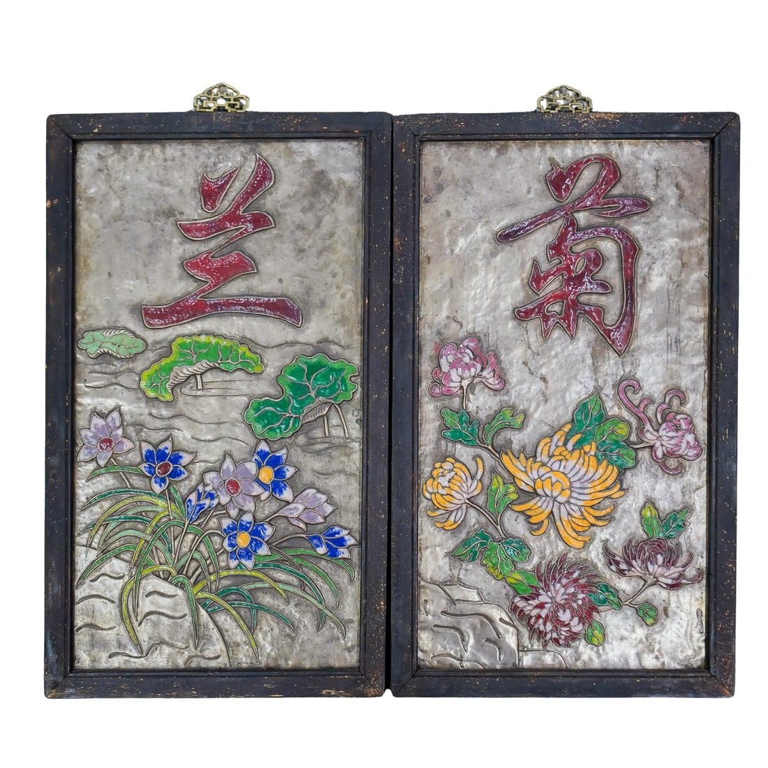 Pair Chinese Cloisonne Enameled Floral Wall Plaques (1 of 9)