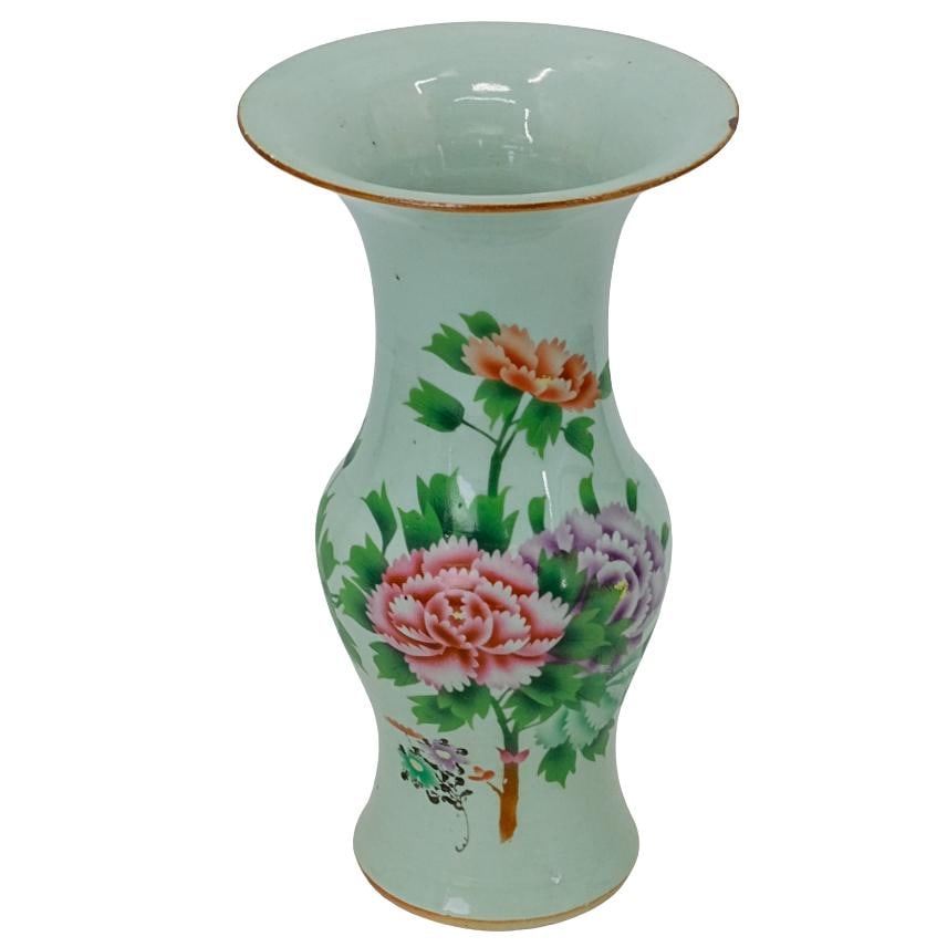 Antique Chinese Porcelain Peony Vase: DESCRIPTION: This is Chinese porcelain vase features a flared rim and hand-painted peonies in pink, purple, and orange colors. The white glazed background enhances the floral design and finished with