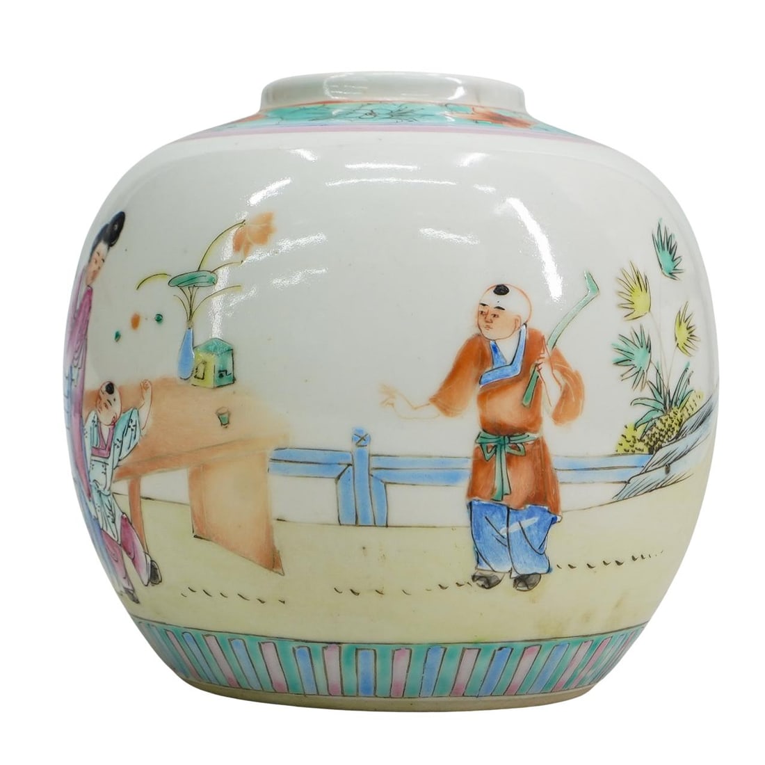 Chinese Porcelain Famille Rose Ginger Jar: DESCRIPTION: Chinese porcelain ginger jar. Painted with famille rose motifs. Missing lid. Mouth opening measures 2". CIRCA: 19th-20th century ORIGIN: China DIMENSIONS: H: 5.25" W: 5.5" CONDITION: Grea
