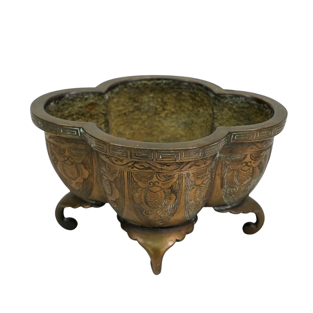 Antique Japanese Copper Inscribed Footed Vessel Bowl (1 of 5)