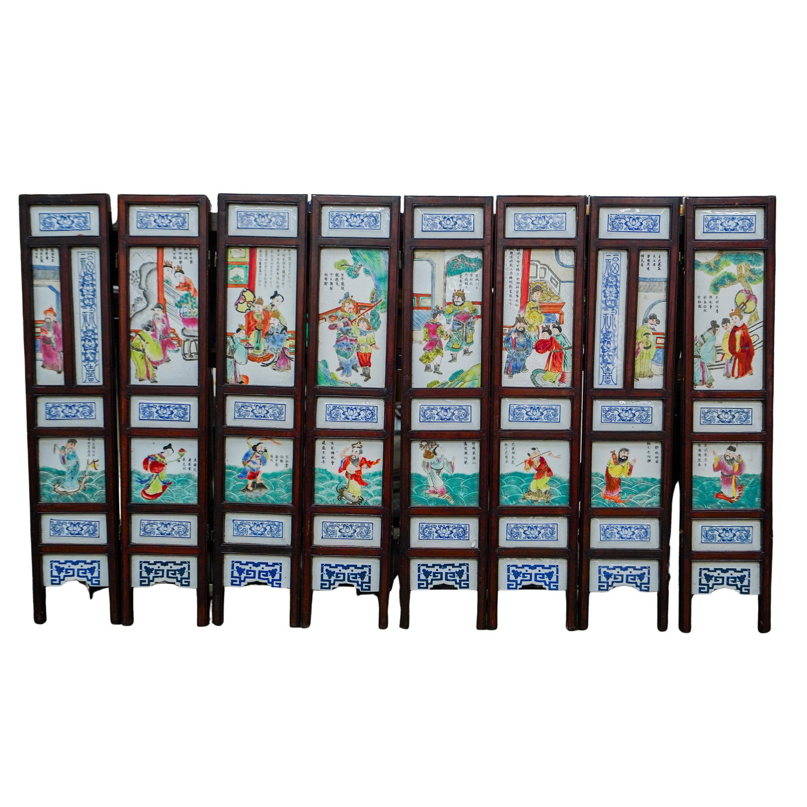 (8 pcs) Eight Panel Chinese Antique Hand-painted Porcelain and Hardwood Screen (1 of 9)