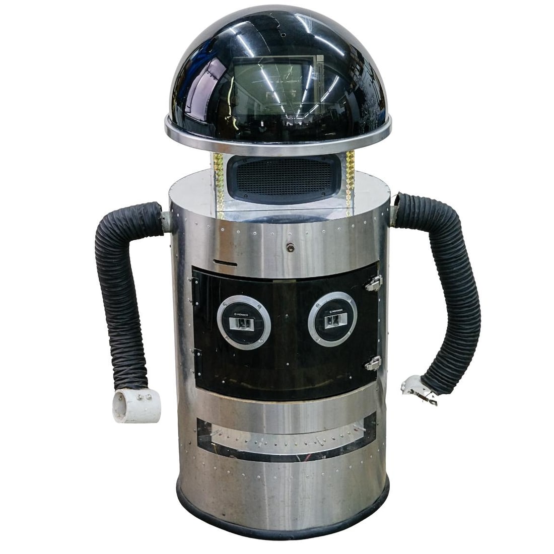 Retro Futuristic Sci Fi Robot: DESCRIPTION: Vintage robot, featuring a retro futuristic design with a cylindrical metallic body and a large dome shaped head. The body is primarily constructed from stainless steel, inside are variou
