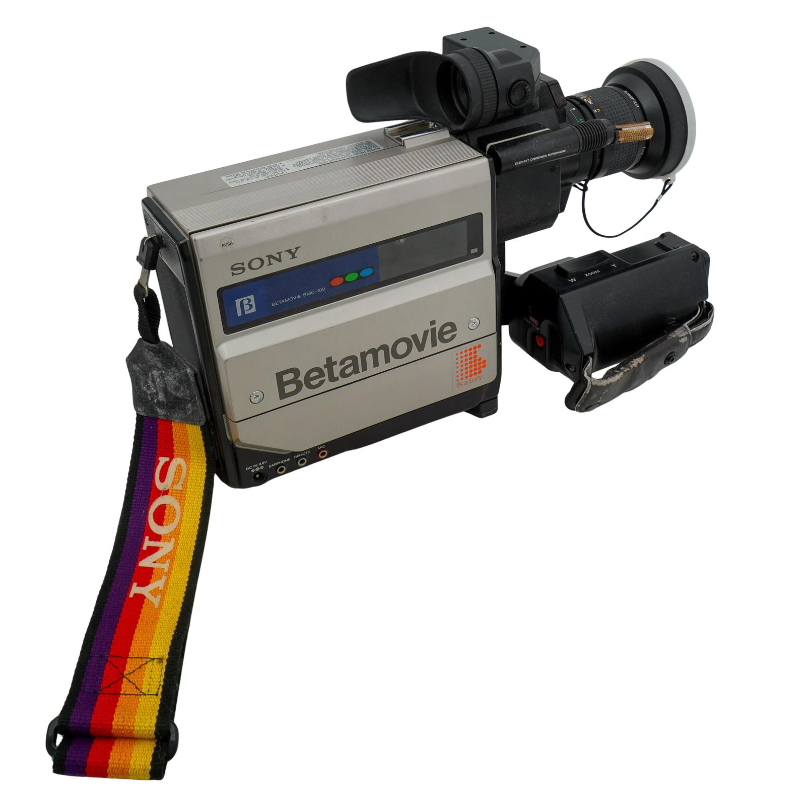 Sony Betamovie Camcorder with Strap: DESCRIPTION: One of the first camcorders available to home consumers on the market, Sony Betamovie began production in 1983. Records on cassette tapes. Marked No. 202567. Model No. BMC-100. Made in Ja