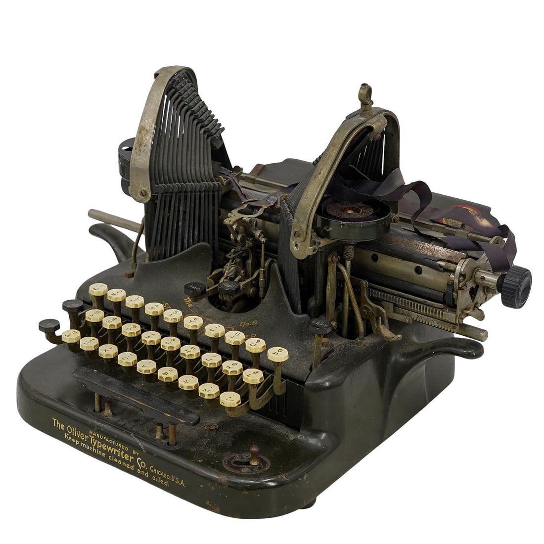 Oliver Typewriter Company No. 5 Typewriter: DESCRIPTION: Oliver typewriters were some of the first typewriters to have "visible print", allowing typists to see the next as it was typed. Oliver typewriters were marketed for home use. The No. 5 i