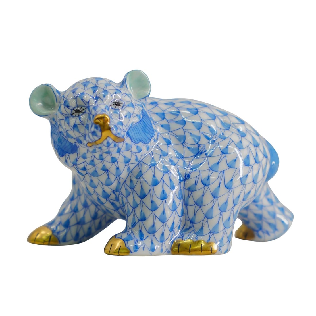 Herend Porcelain "Walking Bear" Blue Fishnet Figurine (1 of 7)