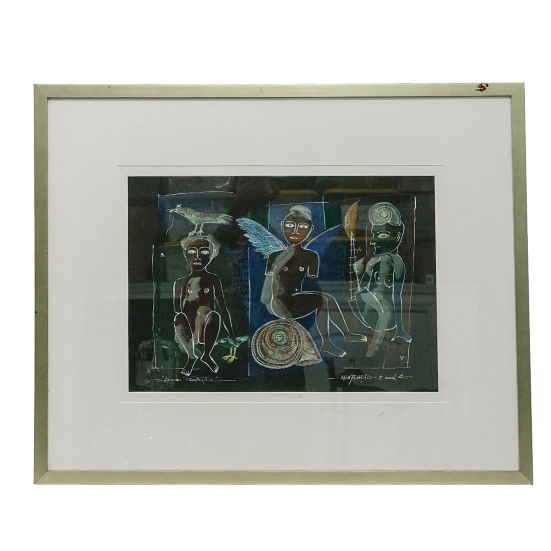 Jose Montebravo Cuba (1953) "Fantastic Scene" Mixed media: DESCRIPTION: There are three figures, partially clothed or nude, with abstract features. The blend compositions human and mythological imagery. There are elements resembling wings, spirals, and birds.
