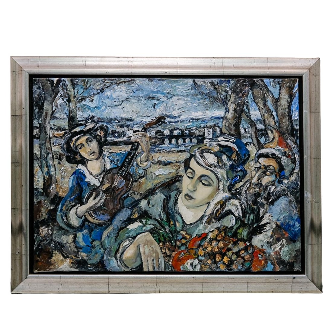 Luis Felipe Ruano (Cuban. 1961) Oil on canvas Painting: DESCRIPTION: This oil painting on canvas features a textured composition, thick impasto strokes. A central figure has a serene expression. The figure has pale, soft features. Another figure on the lef
