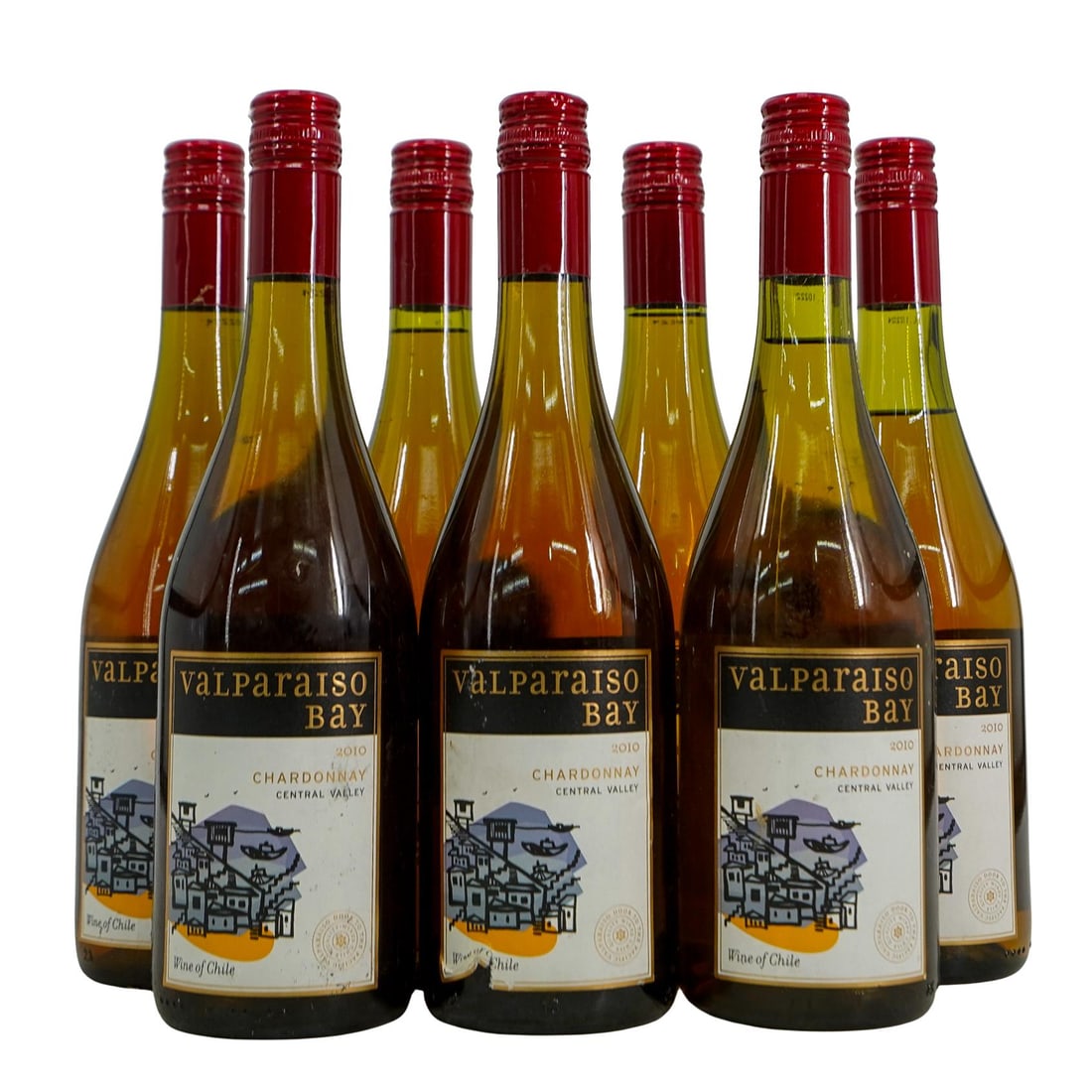(7 Pc) Chile 2010 Valparaiso Bay Chardonnay Wine Bottles: DESCRIPTION: (7 Pc) Chile 2010 Valparaiso Bay Chardonnay Wine Bottles. This set includes: (7 Pc) Seven Chile 2010 Valparaiso Bay Chardonnay Wine Bottles. 750 ml. CIRCA: 2010 ORIGIN: Chile DIMENSIONS: 