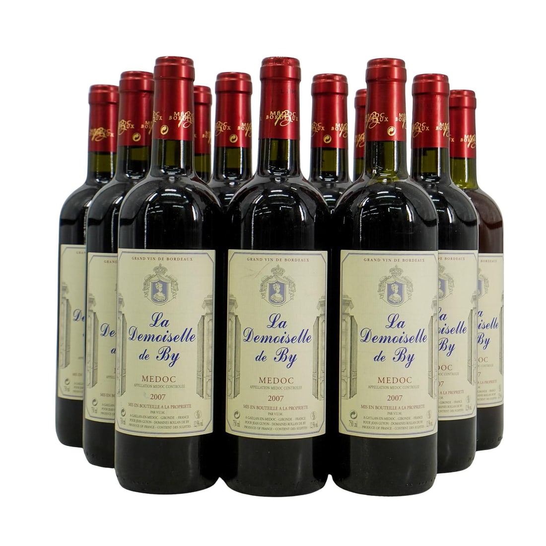 (12 Pc) France 2007 La Demoiselle De By Medoc Wine Bottles: DESCRIPTION: (12 Pc) France 2007 La Demoiselle De By Medoc Wine Bottles. This set includes: (12 Pc)Twelve France 2007 La Demoiselle De By Medoc Wine Bottles. 750 ml. CIRCA: 2007 ORIGIN: France DIMENSI