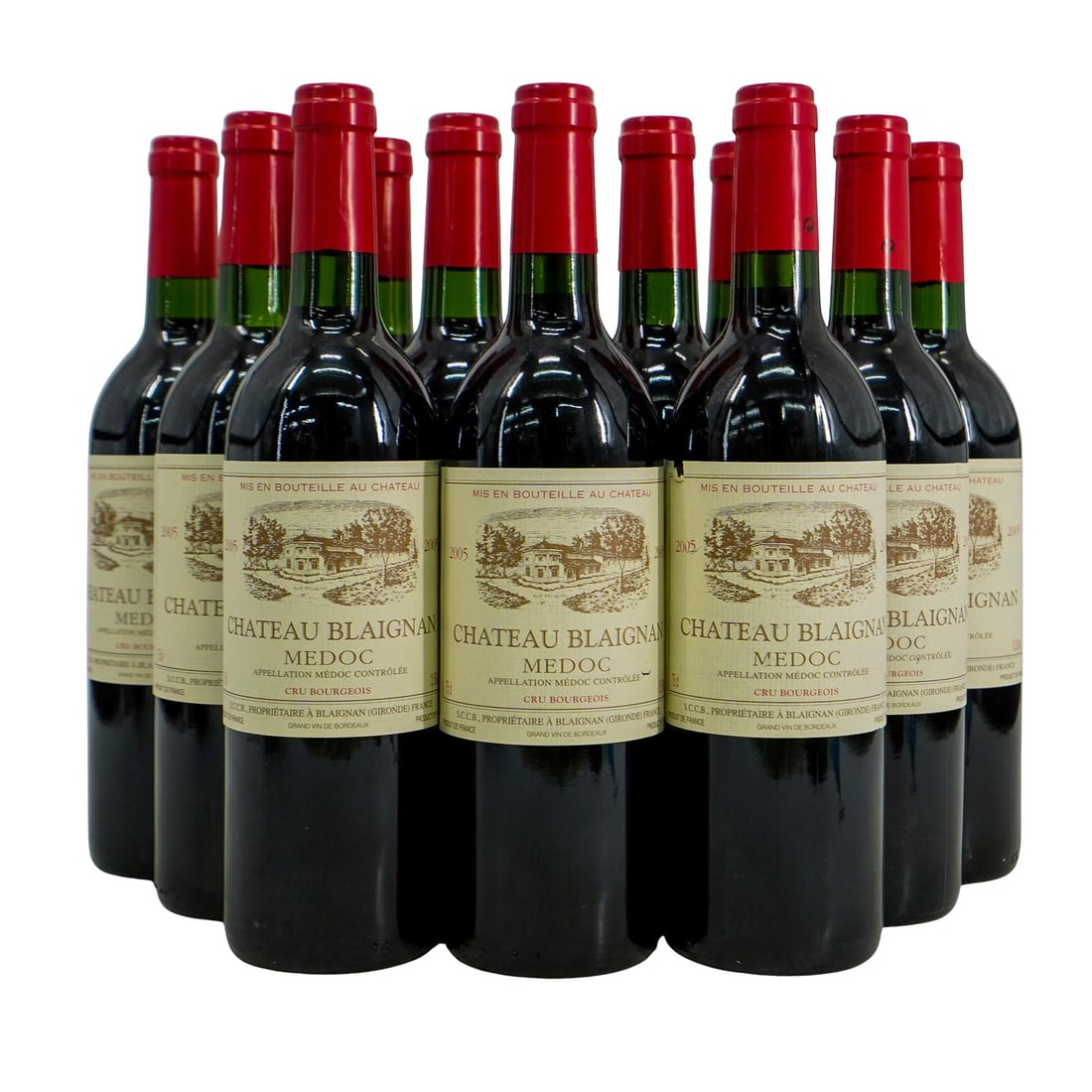 (12 Pc) France 2005 Chateau Blaignan Medoc Wine Bottles: DESCRIPTION: (12 Pc) France 2005 Chateau Blaignan Medoc Wine Bottles. This set includes: (12 Pc) Twelve France 2005 Chateau Blaignan Medoc Wine Bottles. 750 ml. CIRCA: 2005 ORIGIN: France DIMENSIONS: 