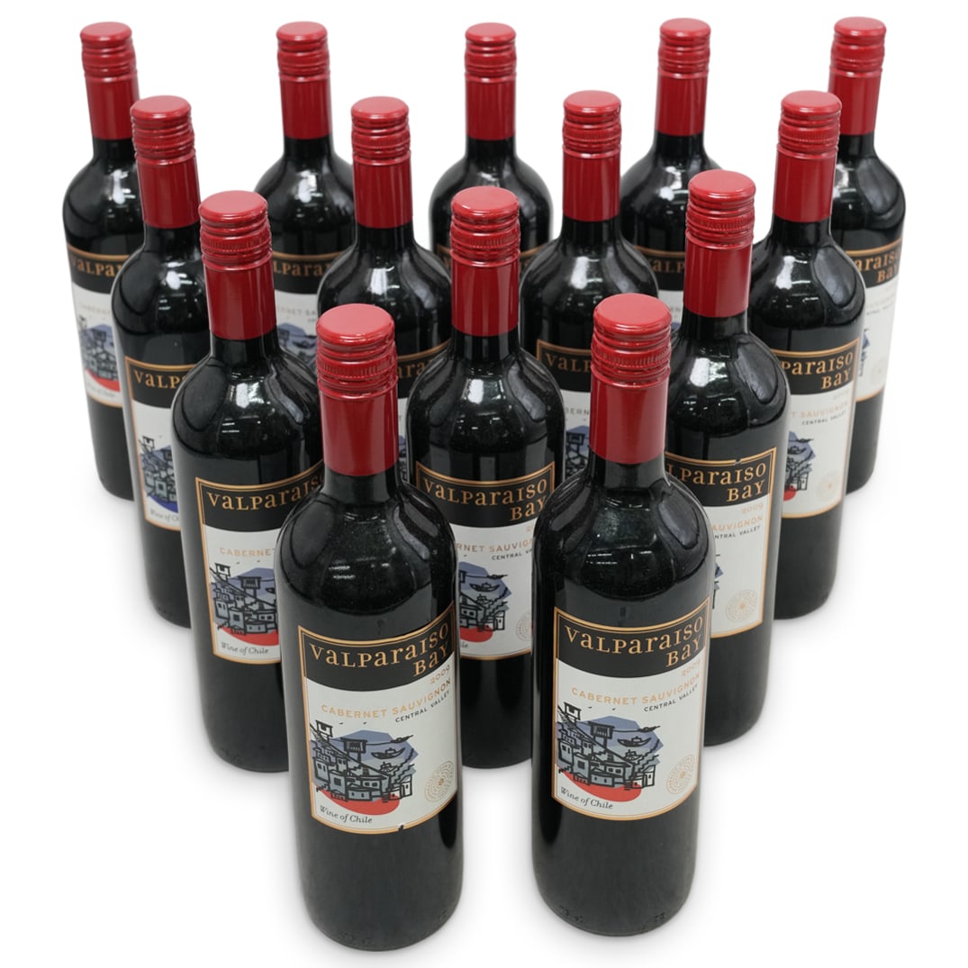 (14 pcs) Valparaiso Bay Cabernet Sauvignon 2009: DESCRIPTION: Valparaiso Bay cabernet sauvignon wine from Chile. 13% ABV. 2009. Notes: Ruby red color, red mature fruits, and oak. Bottles are marked with "Door to Pacific" seal. Each bottle measures H