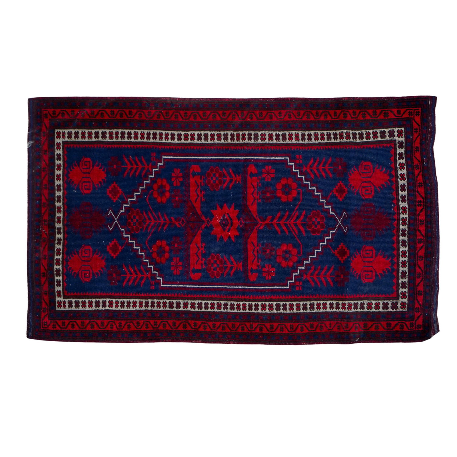 Turkish Yagcibedir Rug: DESCRIPTION: Yagcibedir traditional blue and red rug. Motifs have symbolic meanings. Featured on this rug are motifs "niche" symbolizing the stairs of life, "kocabas" symbolizing a wish for marriage, 