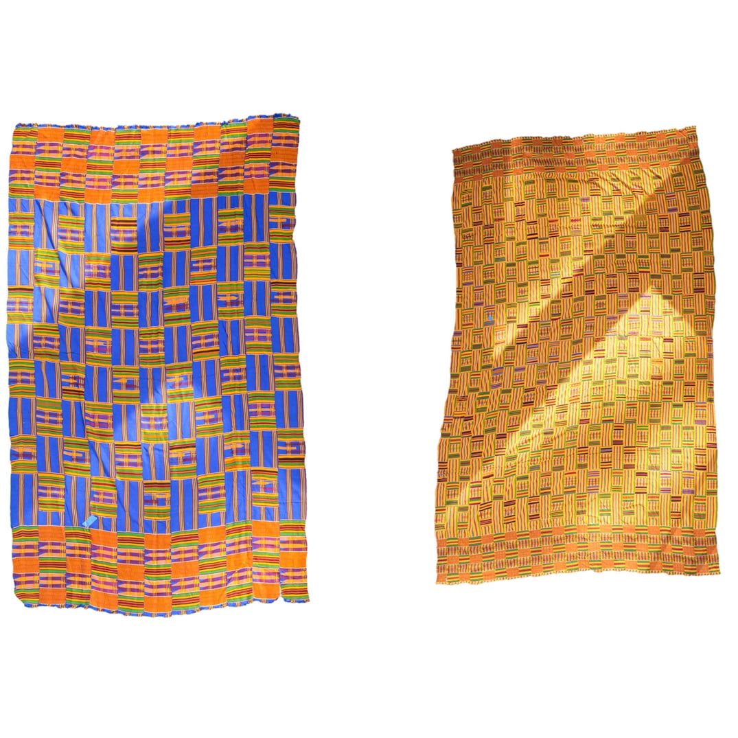 (2 pcs) Asante Ghanaian "Emaa Da" Kente Cloth Handwoven: DESCRIPTION: Emaa Da means "it has not happened before". These kente pieces tell the story of the Asantehene's chief weaver that created this design. When he showed it to one of the Asante kings, the 