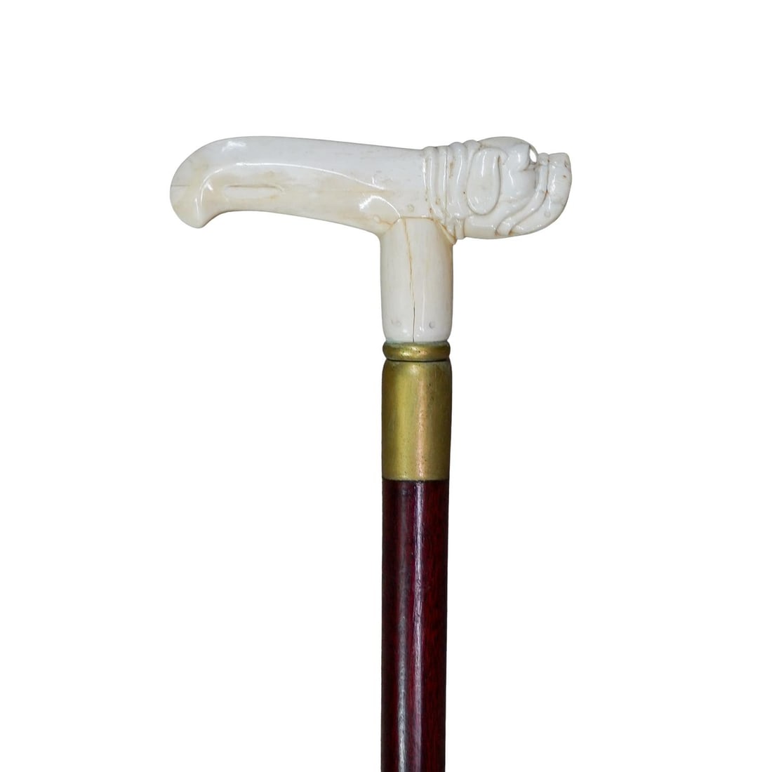 Antique Carved Bone Cane with Bulldog Topper: DESCRIPTION: Antique lacquered wood cane with carved bone topper depicting a bulldog. Cane is trimmed with gold metal plating at top and bottom. Topper handle is approx. 5.5" long. CIRCA: 19th century