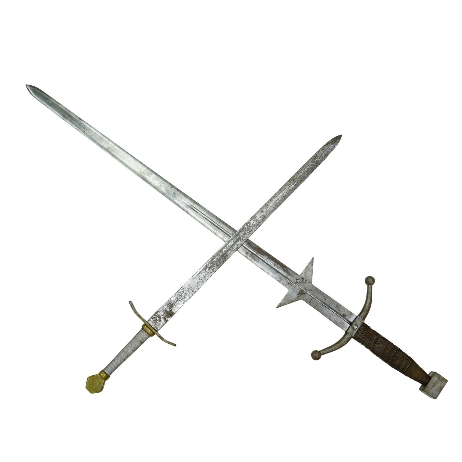 (2 pcs) Cross-guard Swords: DESCRIPTION: Two swords with a cross-bar guard hilt construction. Grip is a braided metal design. Smaller sword measures a total length of 35.5". Blade measures 26.5"x max width 2.5". Hilt 8.25" by a 