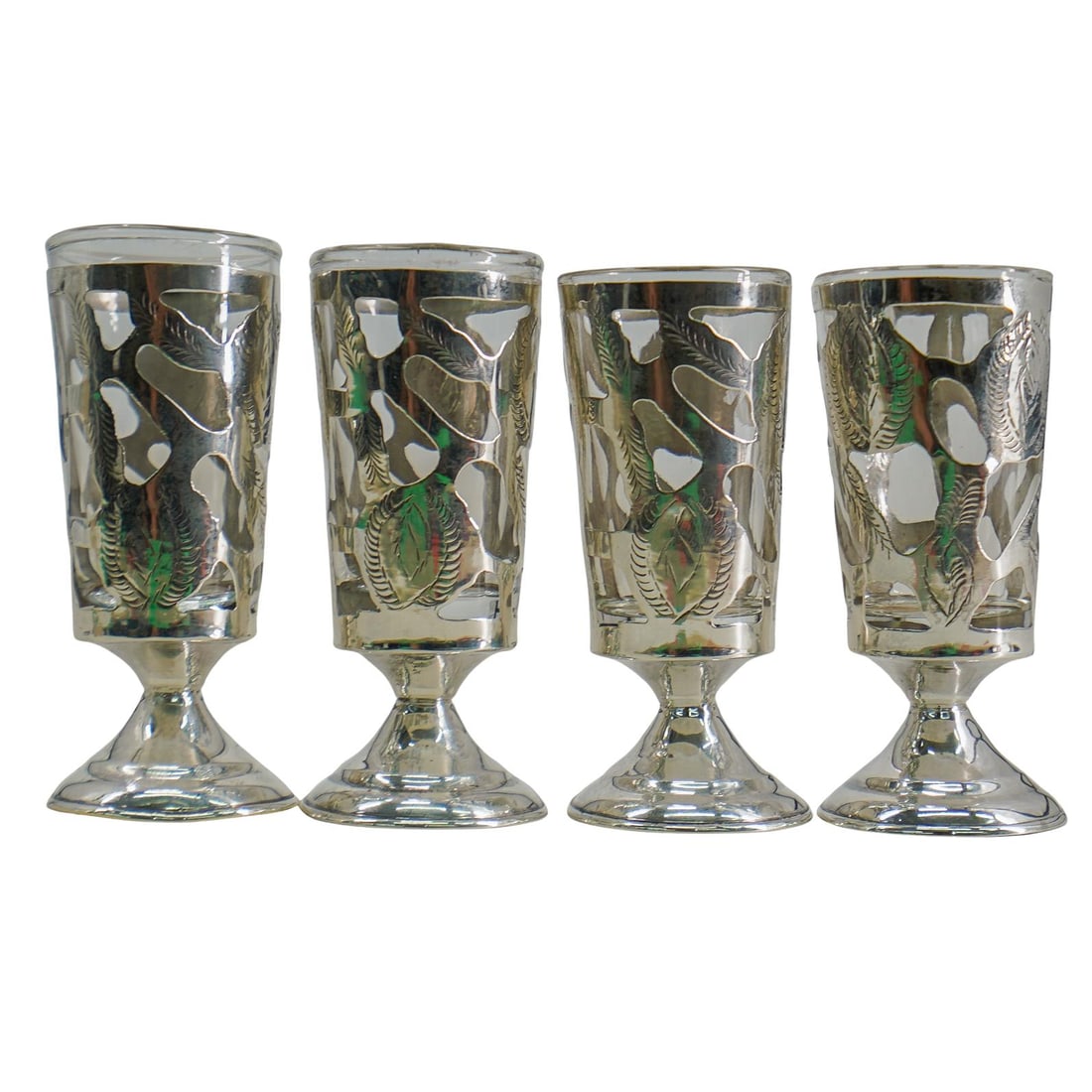 (4 Pc) Mexican Sterling Silver & Glass Shot Glasses (1 of 3)