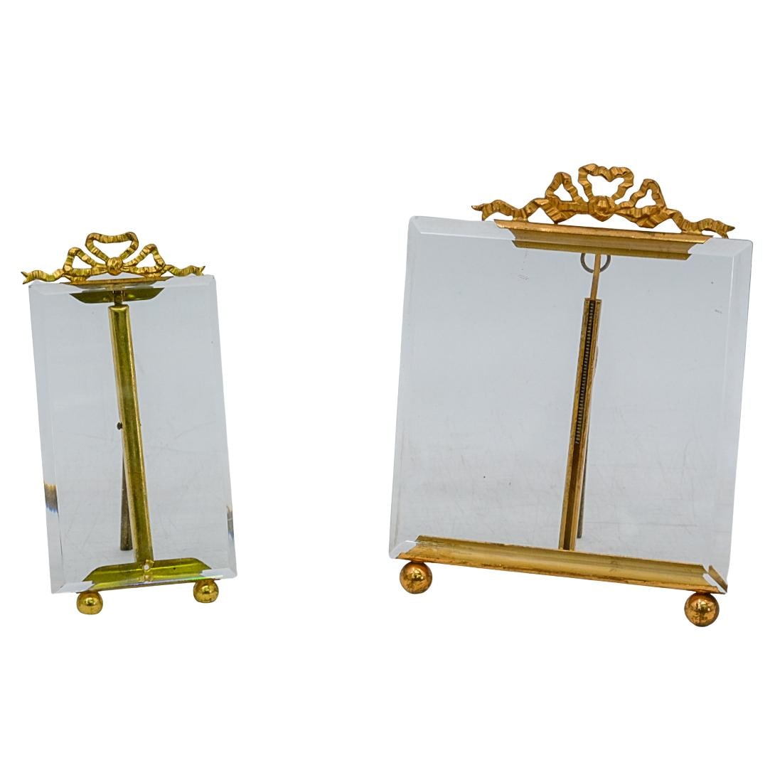 (2 Pc) Antique French Dore Brass & Glass Photo Frames (1 of 5)