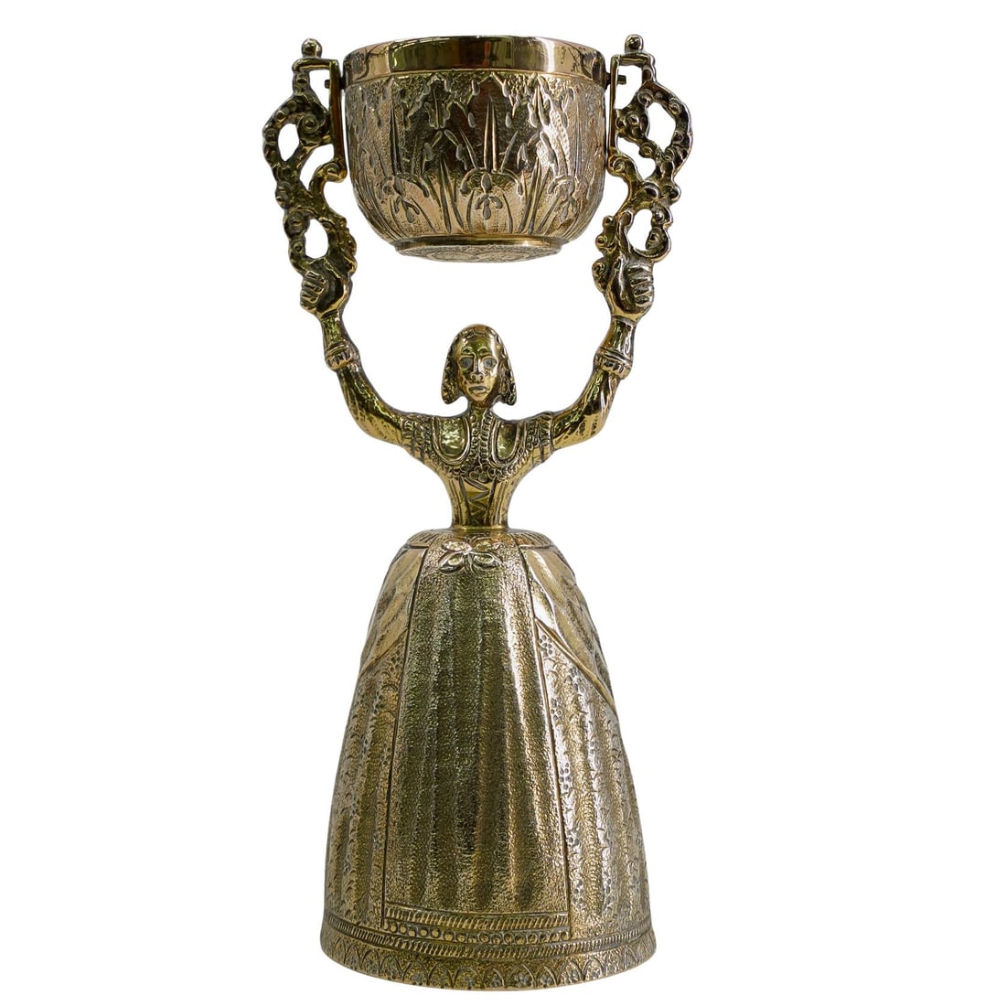 Antique English Silver Wager Wedding Bridal Cup: DESCRIPTION: Antique English silver wager wedding bridal cup. Depicts a young girl with a wide long skirt in the form of a cup supporting over her head a smaller swiveling cup. The silver wager cup wa