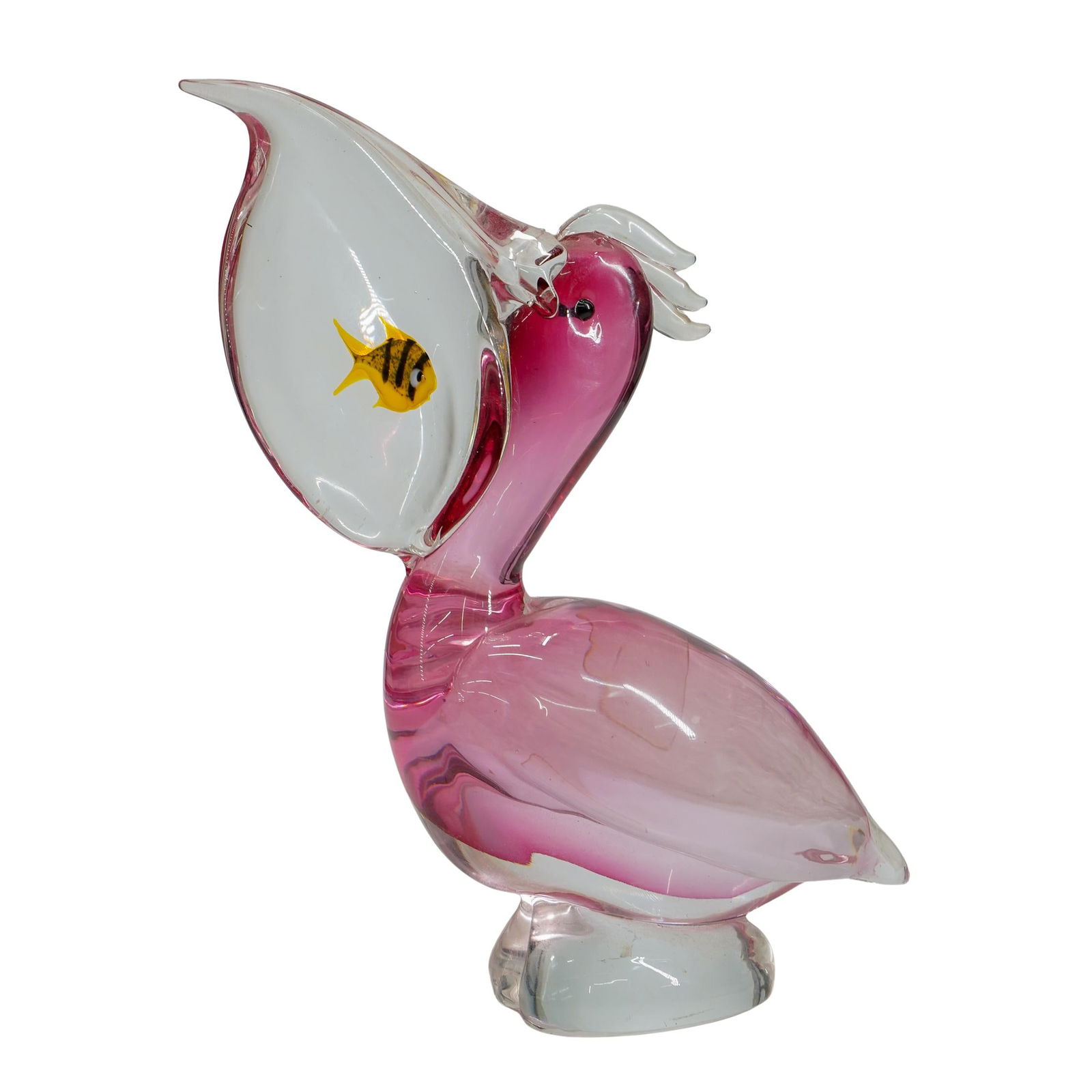 Oggetti Murano Art Glass Pelican: DESCRIPTION: Oggetti Murano art glass sculpture, depicting a pink pelican with a yellow and black small fish in its mouth. Etched underside "Oggetti Italy" CIRCA: 20th Century ORIGIN: Italy DIMENSIONS