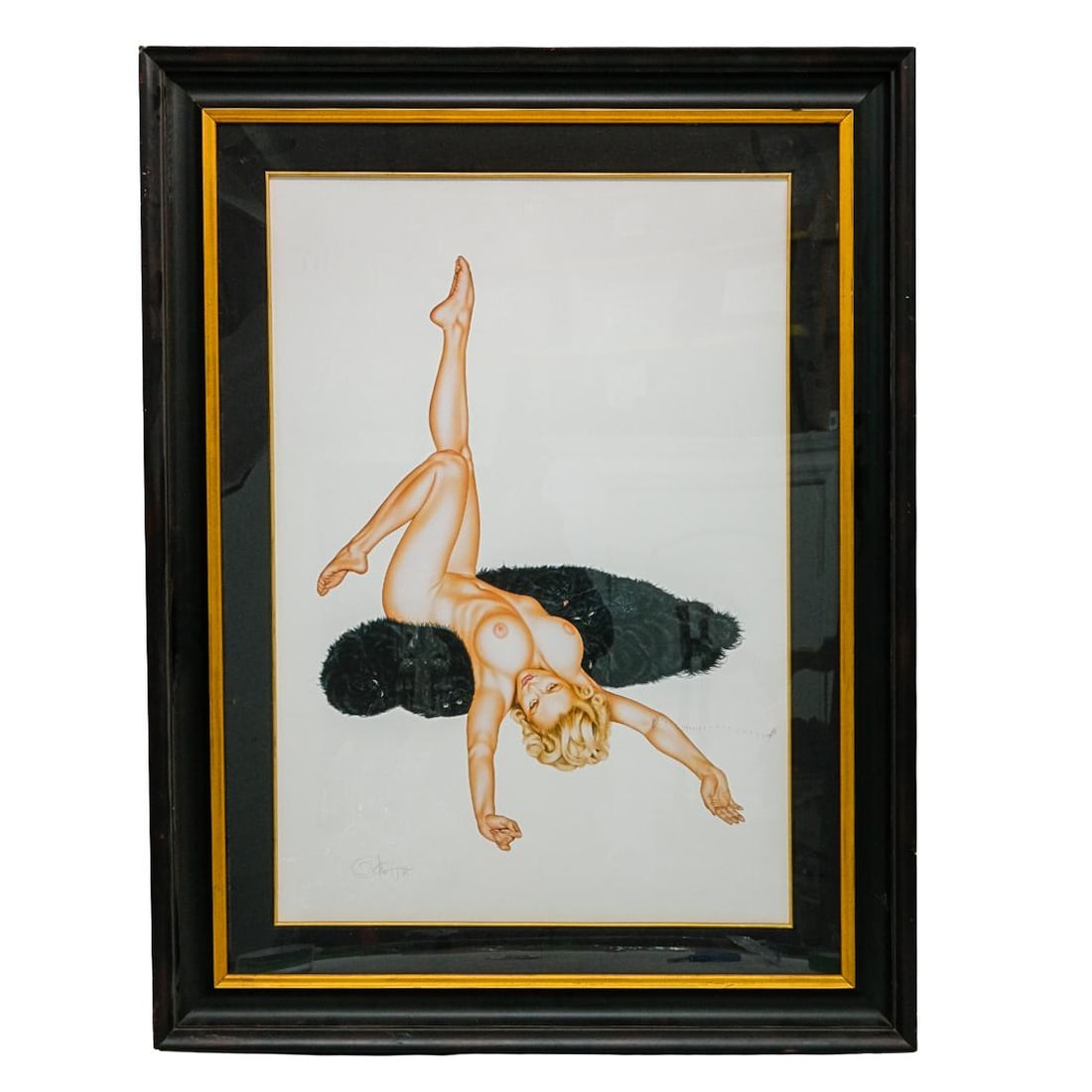 Olivia De Berardinis Signed Pin Up Lithograph: DESCRIPTION: Olivia De Berardinis large lithograph, depicting a blonde female laying nude on top of a pile of black cats. Pencil signed and numbered "33/45" bottom left. Matted and framed in a black a