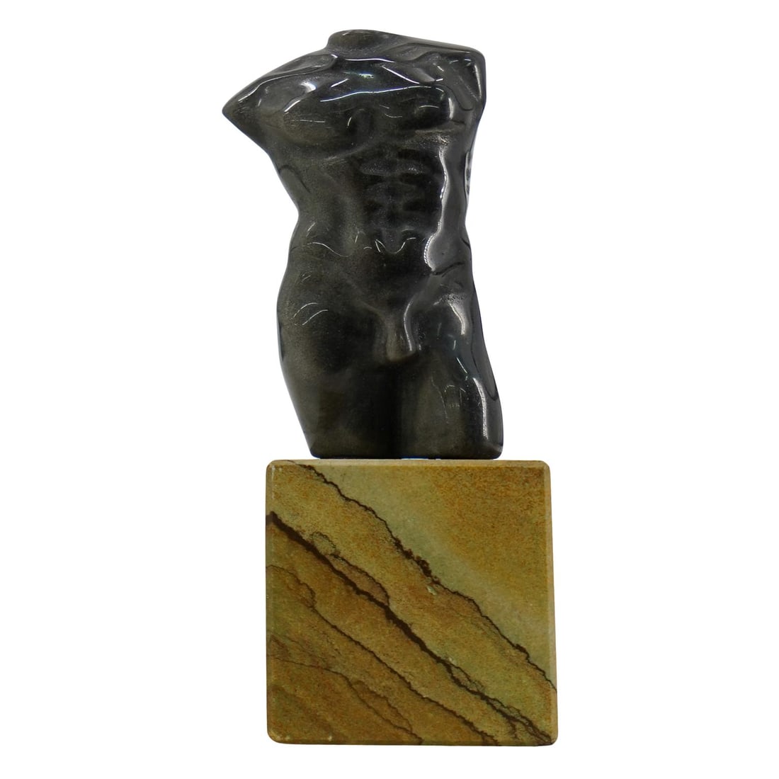 Nude Male Obsidian Torso: DESCRIPTION: A small nude male torso figure made from volcanic glass called obsidian. Sits on a beige marble base. CIRCA: 20th century ORIGIN: Continental DIMENSIONS: H 5" D 2" CONDITION: Great Unless