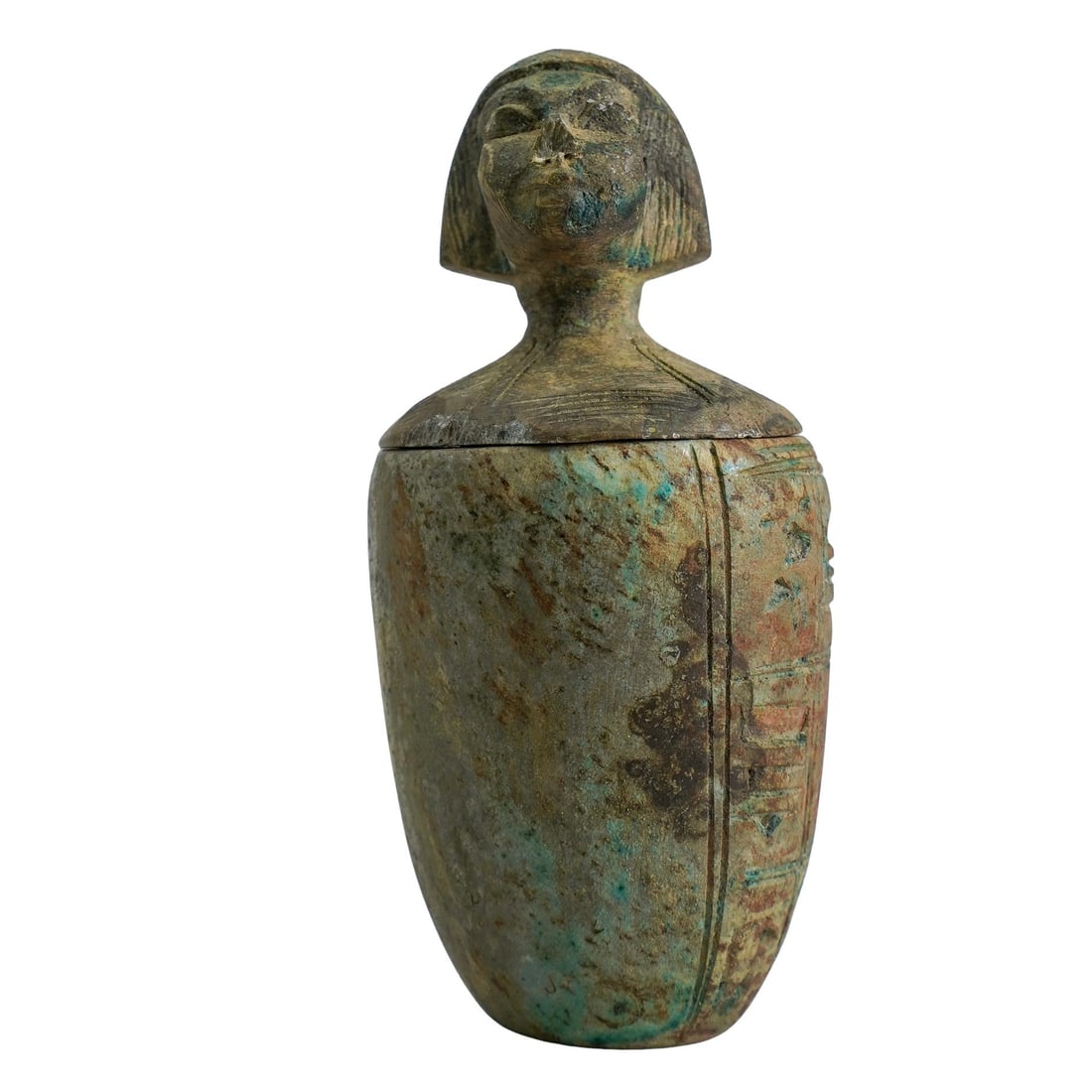 Small Egyptian Hand Carved Canopic Jar "Imsety": DESCRIPTION: Egyptian canopic jars were used to hold organs during burial ceremonies. This particular jar has the human head of Imsety, the guardian of the liver. CIRCA: Ancient ORIGIN: Egypt DIMENSIO