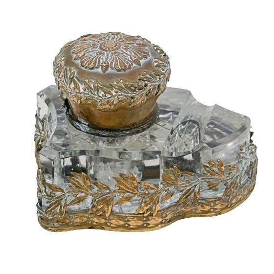 Antique French Empire Filigree Ormolu & Glass Inkwell (1 of 9)