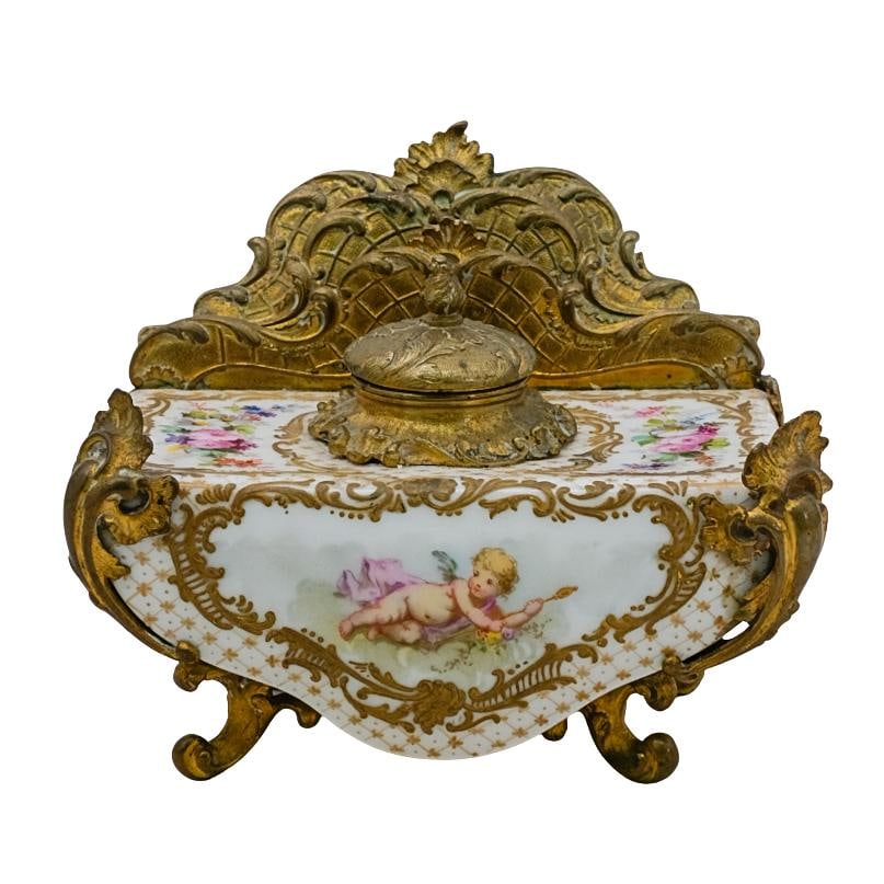 Antique French Gilt Bronze Sevres Porcelain Inkwell & Letter Holder (1 of 8)