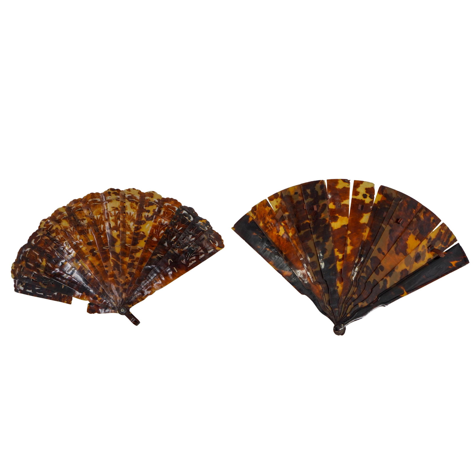 (2 pcs) Turtle Hued Fans: DESCRIPTION: Popular in the 19th and early 20th century turtle hued fans. Fans are broken, but are held together at the bottom by two metal fixtures. Smaller fan measures H: 8.25", open width measures