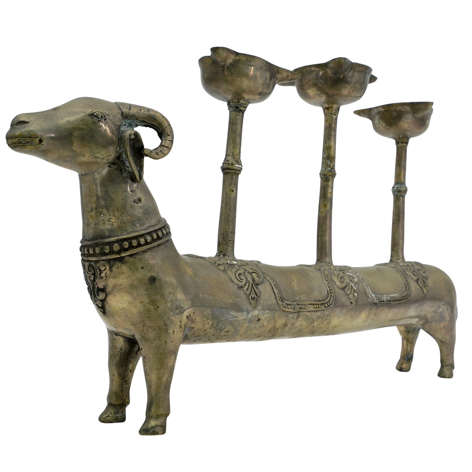 Vintage Metal Ram Votive Candle Holder: DESCRIPTION: Metal candle holder in the shape of an elongated ram. Holds three votive sized candles. CIRCA: 20th century ORIGIN: India DIMENSIONS: H: 9.5" W: 3" L: 20" CONDITION: Great Unless otherwis