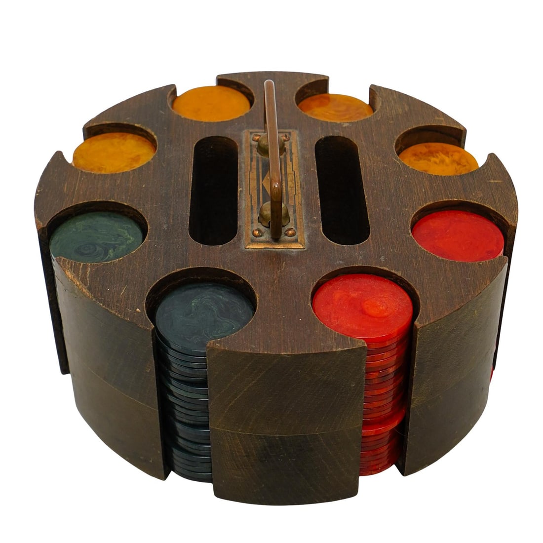 Vintage Art Deco 1930s Bakelite Poker Chips W/ Wood Carousel (1 of 13)
