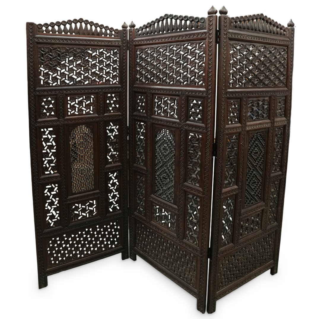 Hand Carved Geometric Wooden Folding Screen (1 of 6)