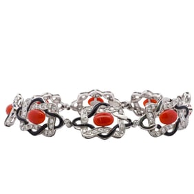 Art Deco Platinum, Coral, Onyx, and Diamond Bracelet
