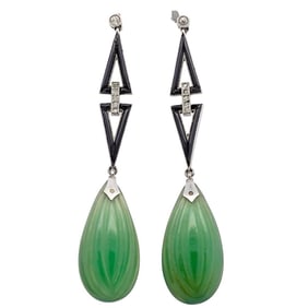 Pair French Art Deco Platinum, Jade, Onyx, and Diamond Earrings