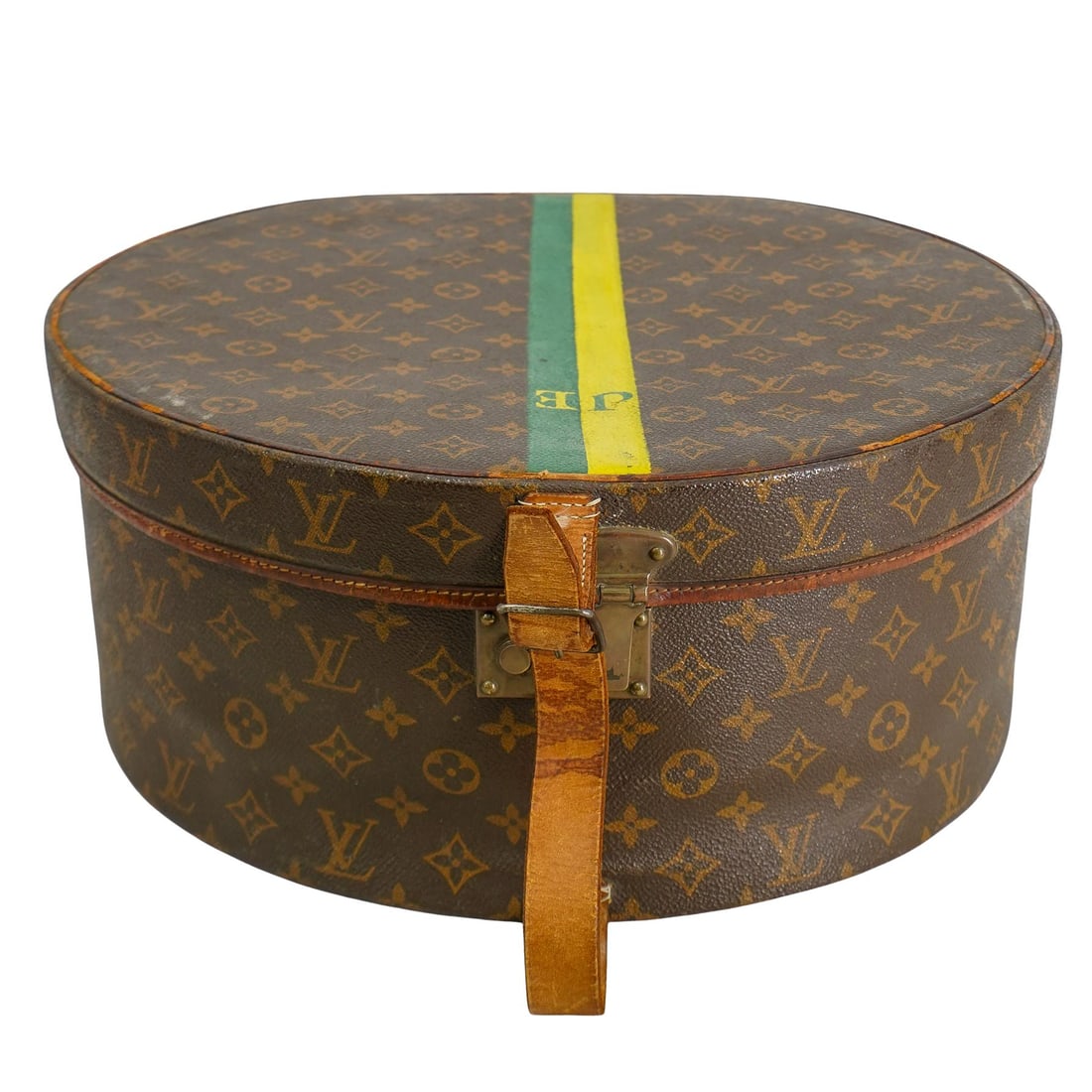 Louis Vuitton Brown Monogram Canvas Boite Chapeaux Hat Box: DESCRIPTION: Louis Vuitton brown monogram canvas Boite a Chapeaux hat box, customized with green and yellow stripe and initials "JE" on both sides. Featuring brown leather exterior strap. Interior is