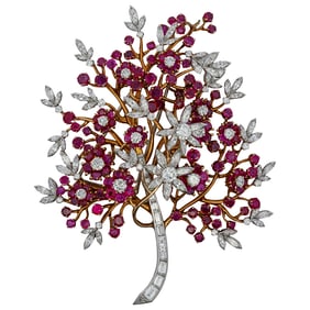 18k Gold, Diamond, and Ruby Brooch