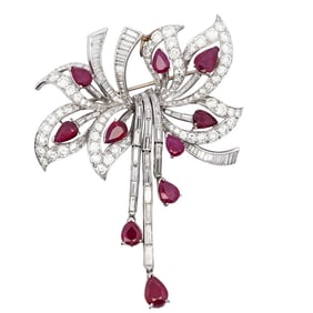 Platinum, Ruby, and Diamond Brooch