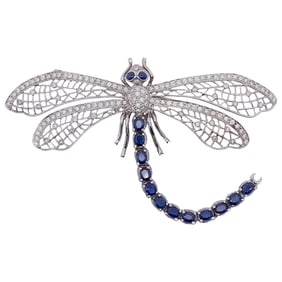 18k White Gold, Diamond, and Sapphire Dragonfly Brooch