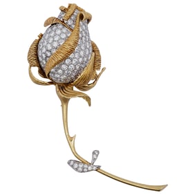 Ruth Satsky 18k Gold & Diamond Rose Brooch