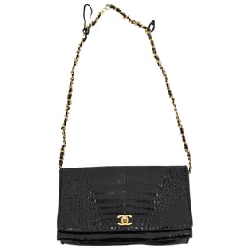 Chanel Black Croc Embossed Leather Shoulder Bag